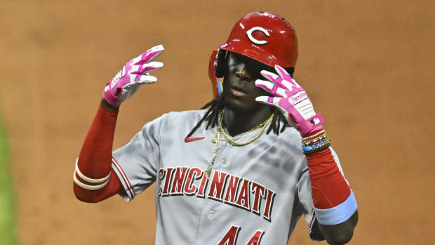Sep 27, 2023; Cleveland, Ohio, USA; Cincinnati Reds shortstop Elly De La Cruz (44) celebrates his single in the fifth inning against the Cleveland Guardians at Progressive Field. Mandatory Credit: David Richard-USA TODAY Sports  